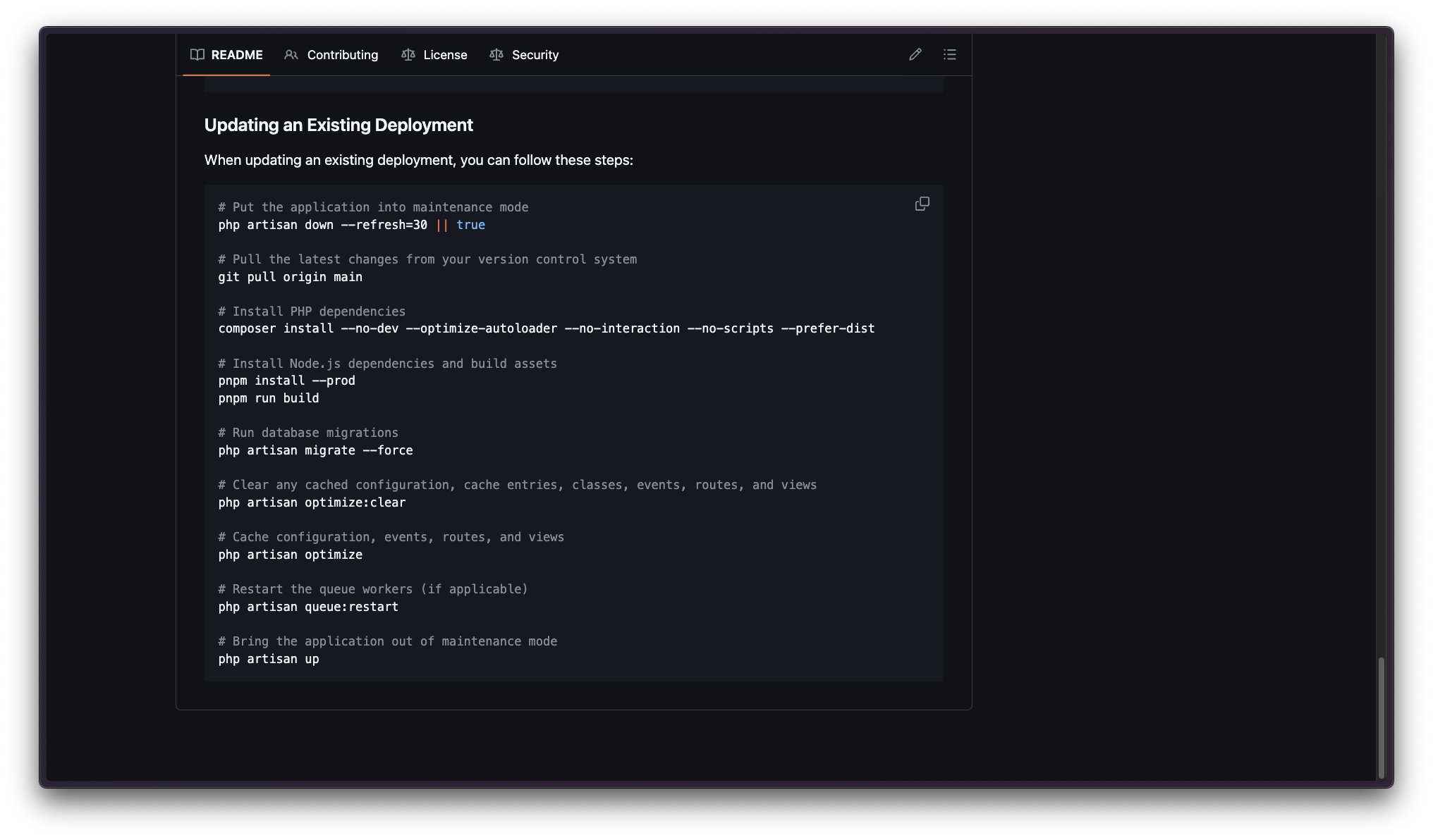Deployments section of readme file on GitHub