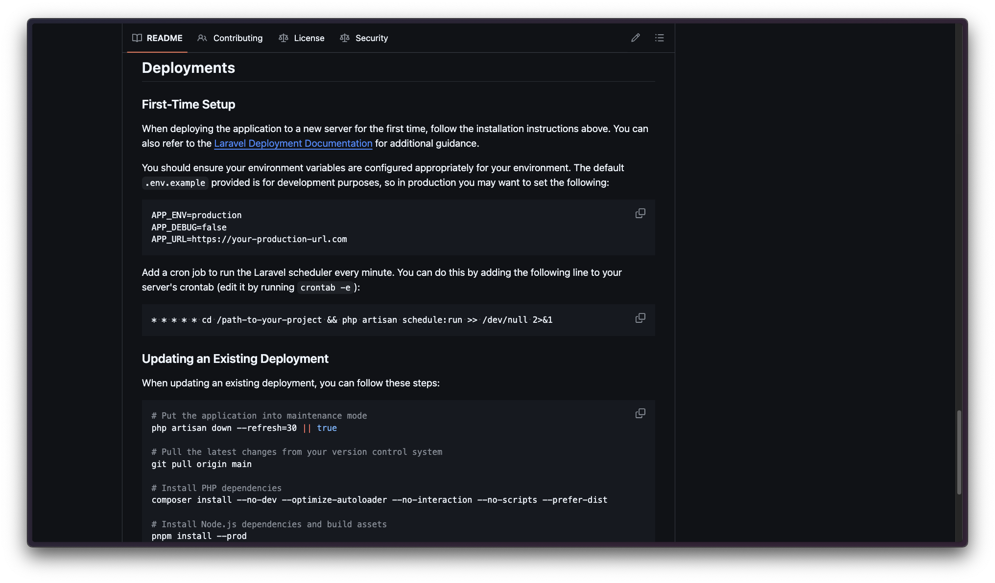 Deployments section of readme file on GitHub