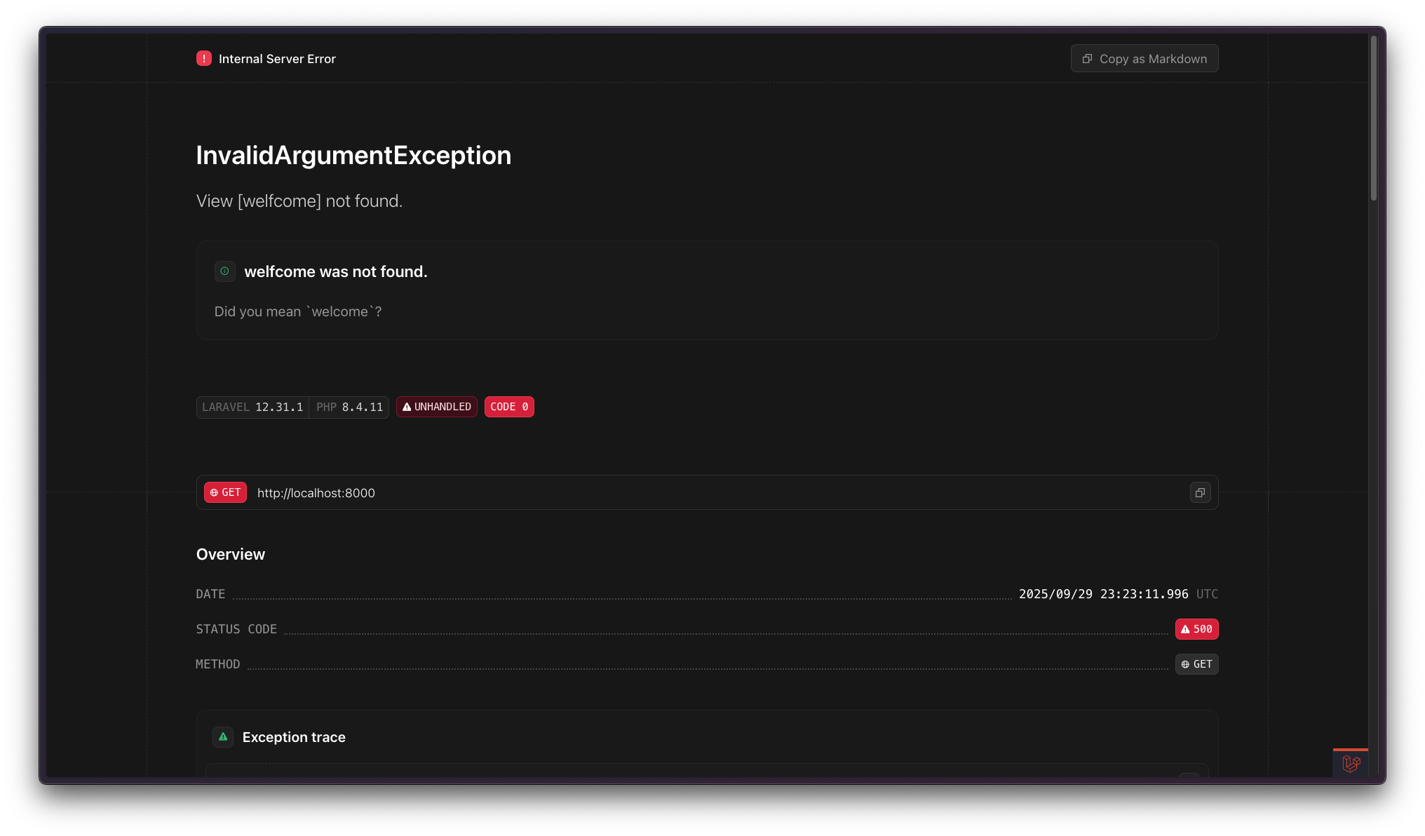 Spatie error solutions showing suggested solutions and documentation links