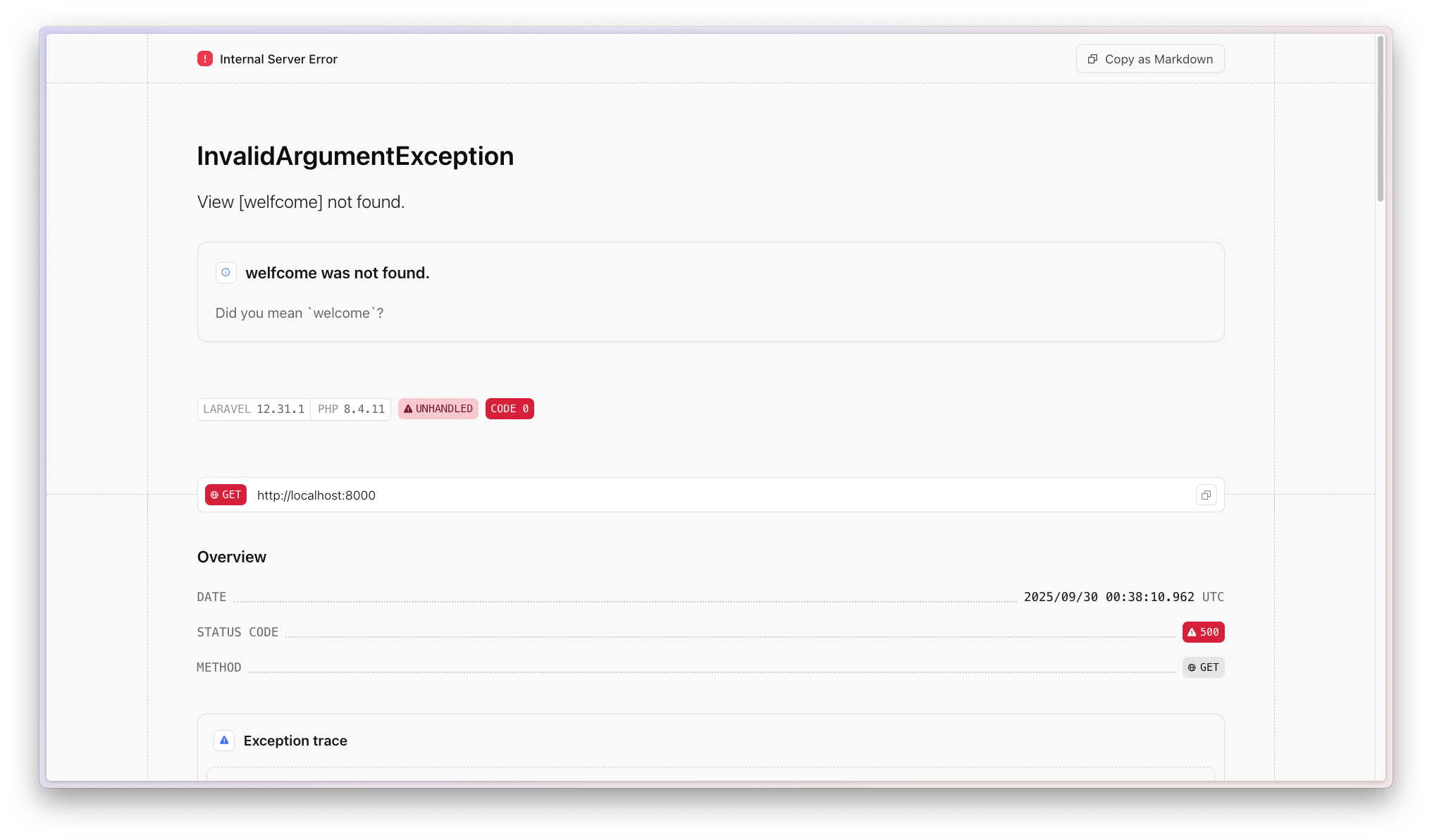Spatie error solutions showing suggested solutions and documentation links
