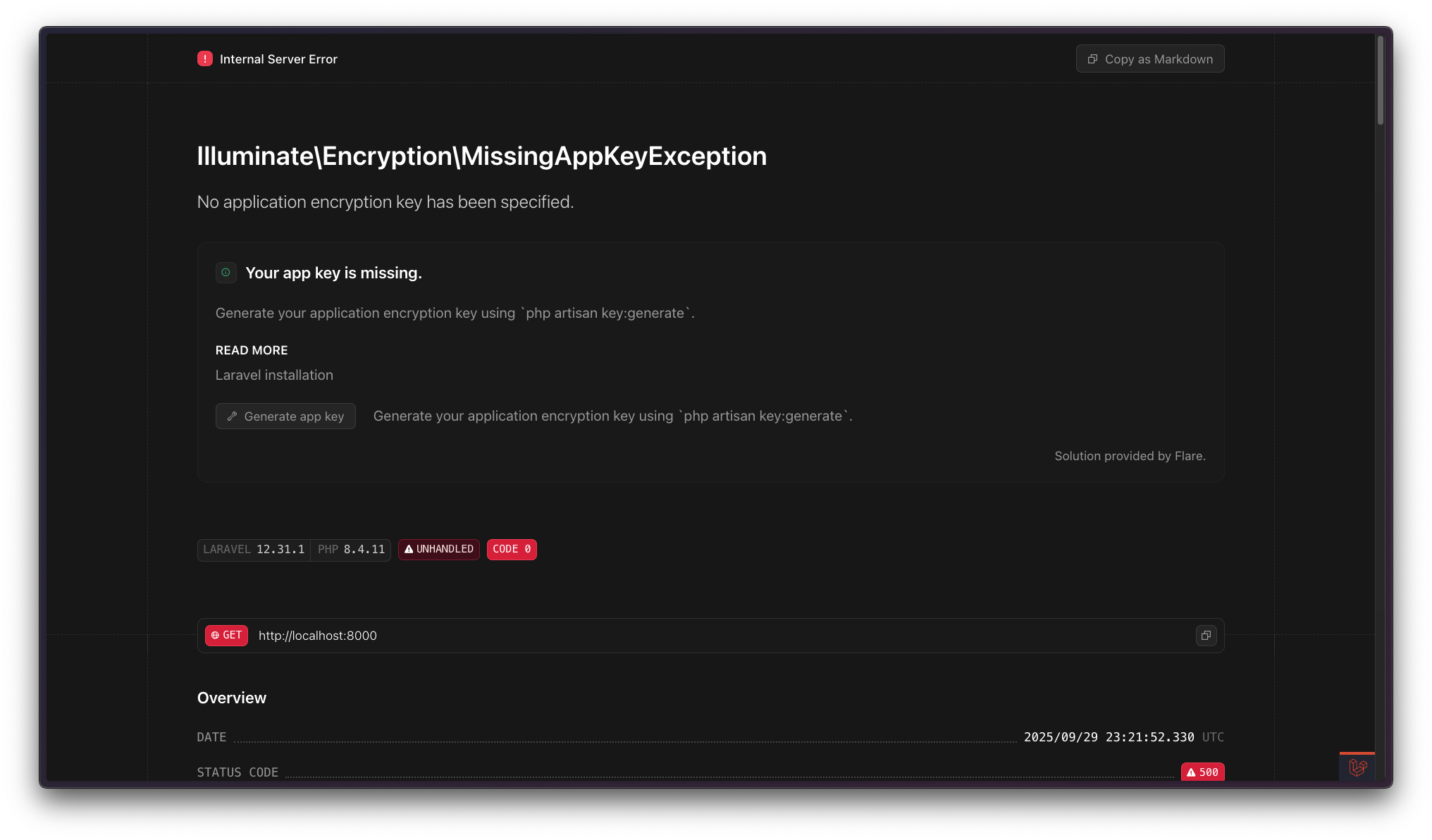 Spatie error solutions showing a self-fixing exception