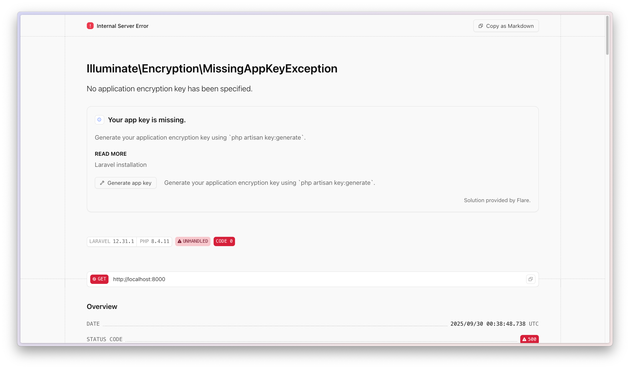 Spatie error solutions showing a self-fixing exception